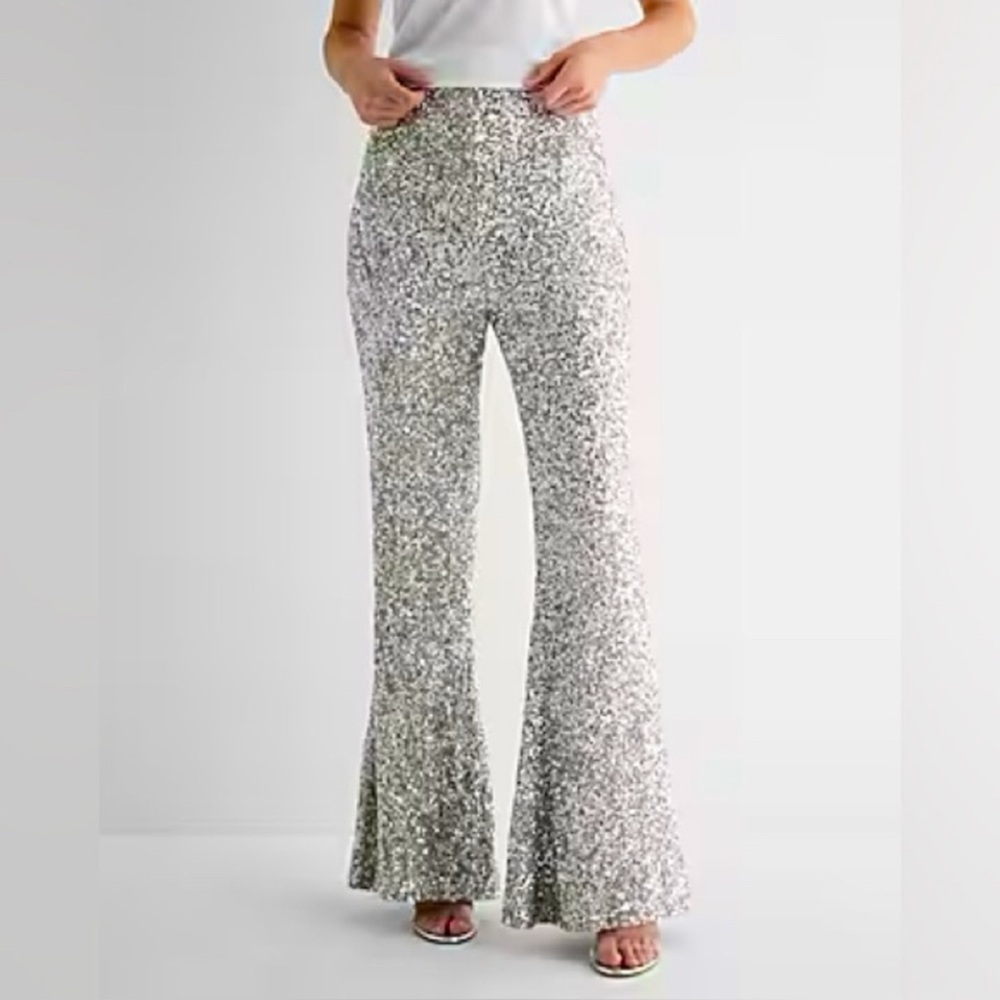 Express Glittering Silver Flare Pants